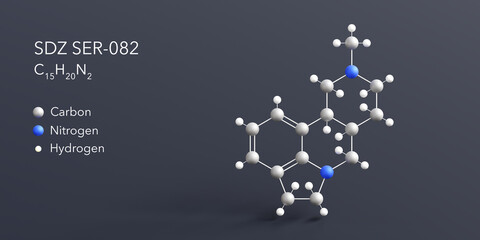 sdz ser-082 molecule 3d rendering, flat molecular structure with chemical formula and atoms color coding