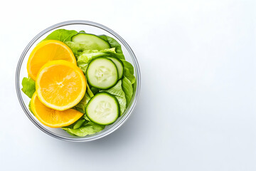 Fresh citrus and cucumber salad in glass bowl on white