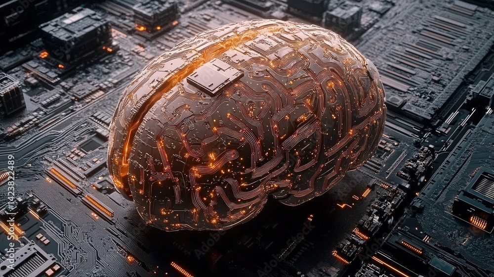 Aufkleber the shape of a brain is formed entirely from a circuit board, with paths of copper and microchips re