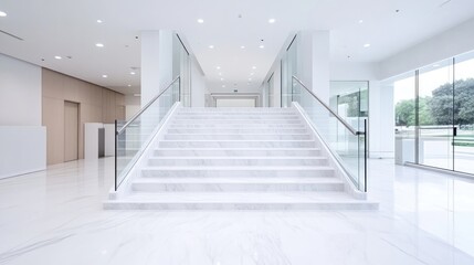 Obraz premium A bright and modern building lobby featuring a wide white marble staircase with glass railings.