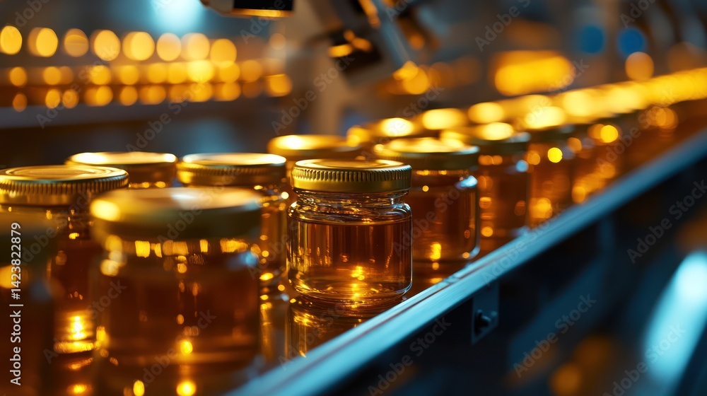 Aufkleber automated bottling line showcases honey jars in a sequence with blurred lights