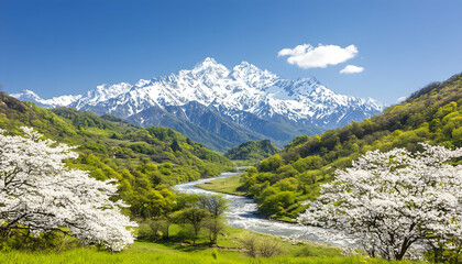 Majestic snow-capped mountains overlooking a lush valley with a river and blooming cherry trees under a vibrant blue sky