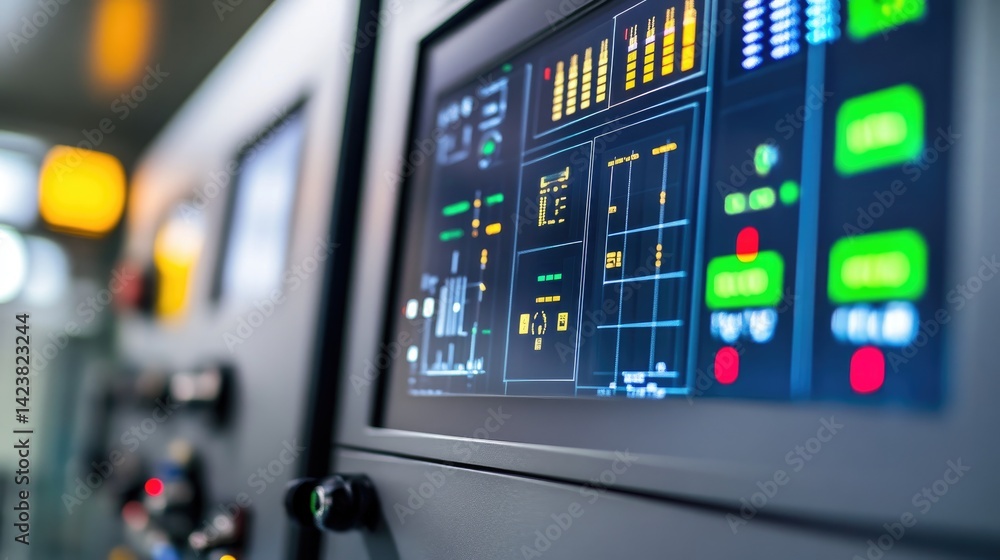Poster digital interface showing real-time monitoring and diagnostics of an automated process line