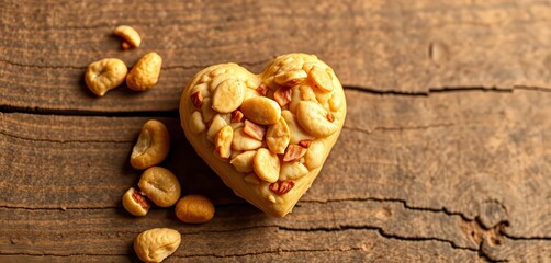 Fototapeta premium Close-up of a heart-shaped salted peanut snack on rustic wood , texture, valentine