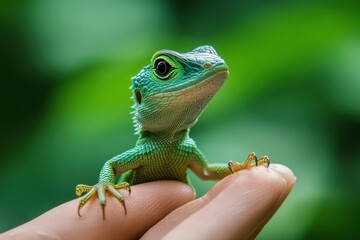 Fototapeta premium A vibrant green lizard is being held on a human finger