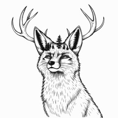 Fox with Antlers   surreal style, smooth lines with forest silhouette inside