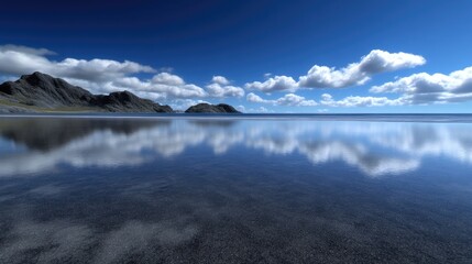 Serene coastal landscape, tranquil water reflecting clouds and mountains