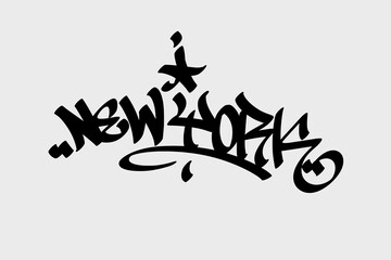 Obraz premium Graffiti tag text “New York” in bold street art style. Hand-drawn vector lettering with energetic urban feel. Isolated on white background, great for print, streetwear, or digital design projects.