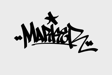 Graffiti tag text “Marker” in bold street art style. Hand-drawn vector lettering with urban flair and freestyle energy. Isolated on white background, ideal for print, merch, or digital design.