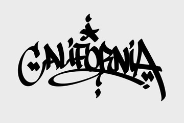 Graffiti tag text “California” in bold street art style. Hand-drawn vector lettering with sunny...