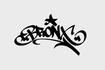 Graffiti tag text “Bronx” in bold street art style. Hand-drawn vector lettering with raw urban...