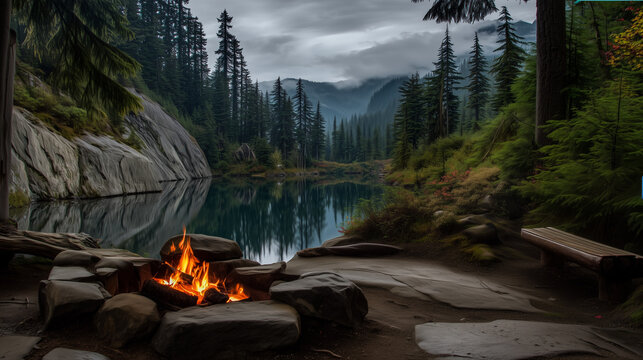 A bright campfire glows beside a tranquil mountain lake surrounded by towering pine trees and rocky cliffs under a moody, overcast sky - Powered by Adobe