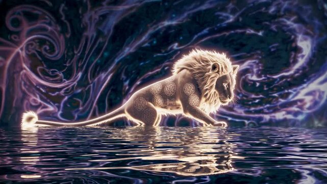 A glowing lion with tribal patterns stands on water, set against a swirling cosmic background. Low-angle view, resembling a fantasy video scene. Live desktop wallpaper.