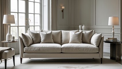 A sleek neutral toned sofa adds quiet elegance to any room