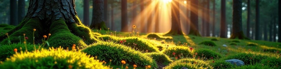 Sun-dappled Finnish spruce forest, moss carpet , shadow, stock, natural