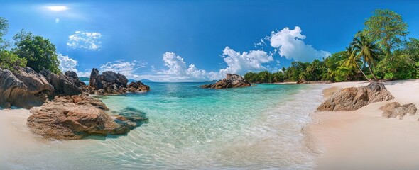 A stunning tropical beach with crystal clear turquoise water and blue skies