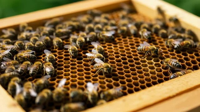 黄金色ハニカム、蜜蜂群がる躍動感。