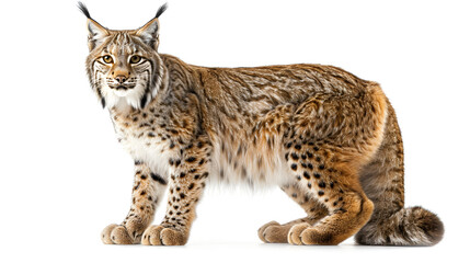 Majestic Eurasian Lynx (Lynx lynx) captured mid-stride walking, isolated portrait on a pure white background. Focus on the wild feline's beautiful spotted coat.
