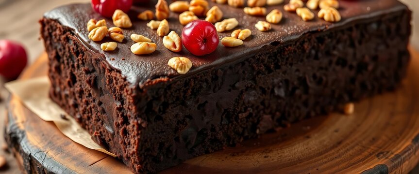 Close-up of moist chocolate sponge cake, topped with nuts and berries, on rustic wood, treat, homemade - Powered by Adobe
