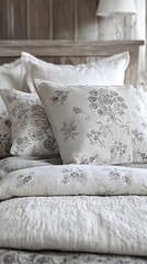 Serene bedroom scene featuring textured bedding and floral patterned pillows in grayscale