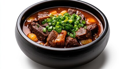 Authentic Korean seolleongtang beef bone soup with scallions on an ideal white background.