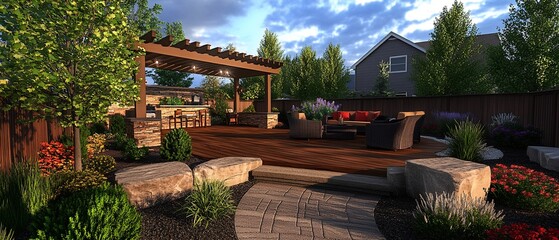 Obraz premium Serene backyard oasis with deck, pergola, and landscaping