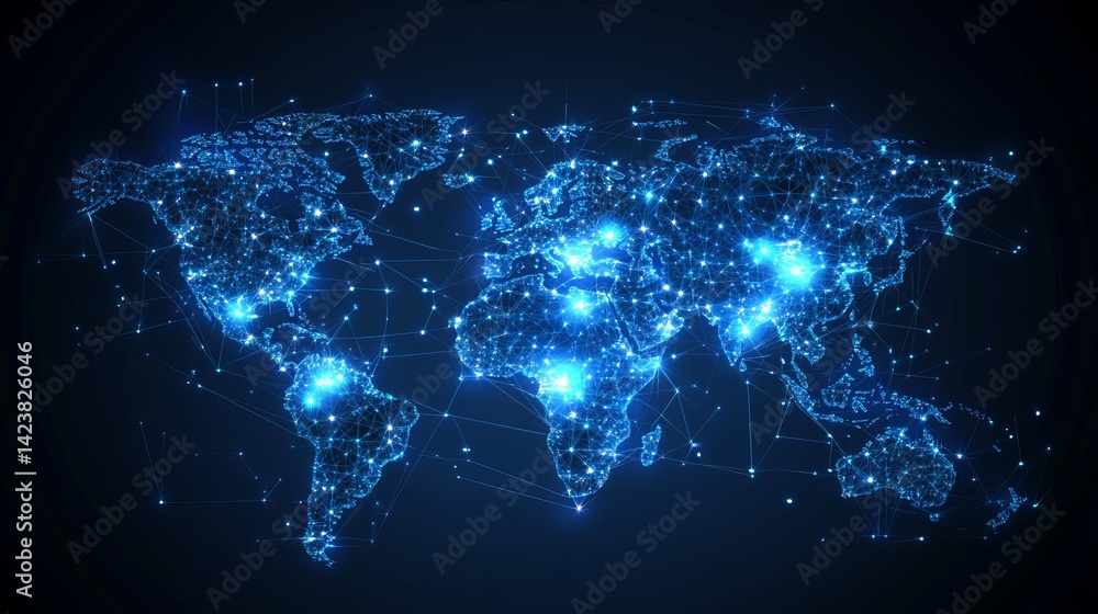 Poster global network connection abstract world map digital art blue technology background illuminated node