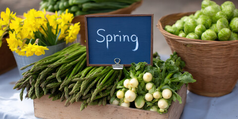 Fresh spring vegetables are displayed at a market stall, featuring vibrant greens, asparagus, and spring onions alongside bright yellow flowers and a sign reading \"Spring\"