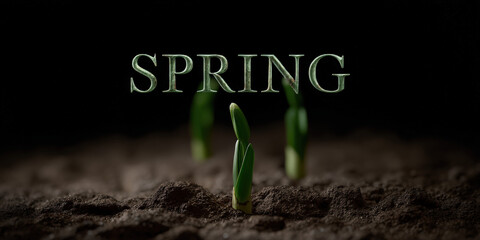 Fresh green shoots emerge from dark soil, symbolizing the arrival of spring with a vibrant green text above, highlighting growth and renewal