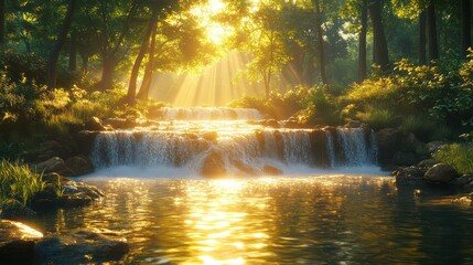 Golden waterfall nature background