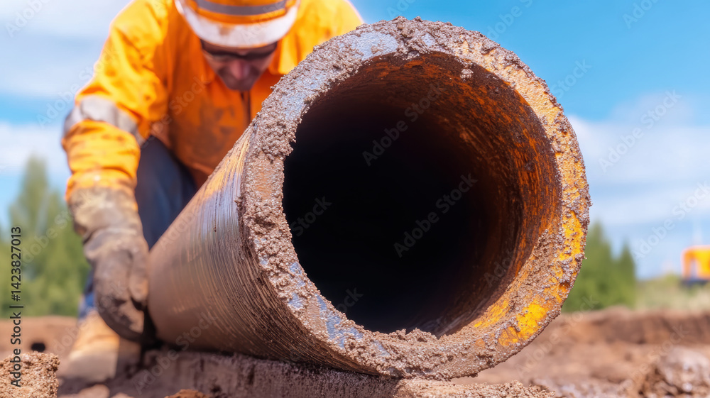 Poster worker carefully installs piping system in industry, showcasing dedication and skill in their task