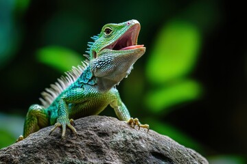 Fototapeta premium A vibrant green lizard is perched on a rough stone
