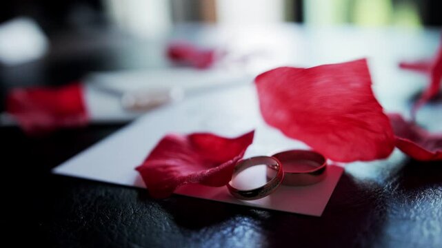 red rose petals falling on wedding rings on table. Slow motion