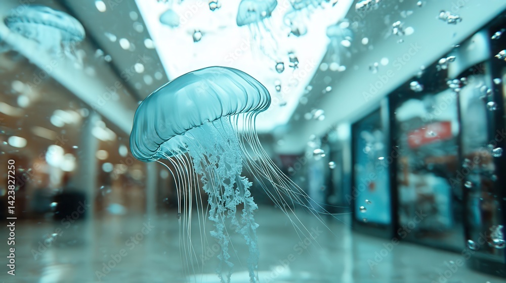 Poster a vibrant image showing jellyfish floating in a surreal environment