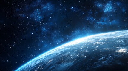 Blue Planet Earth Horizon with Starfield, Space View of City Lights from Orbit