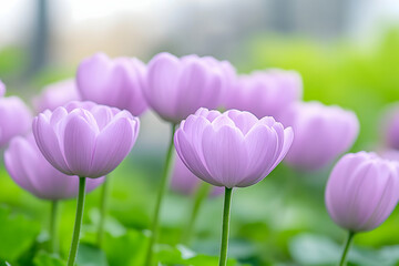 Obraz premium Soft focus image of pale purple tulips in a garden