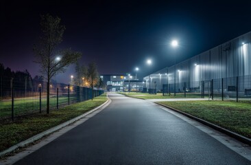 Obraz premium Night Road Leads to Industrial Park with Modern Buildings and Bright Lighting, Secluded Area with Trees and Fence