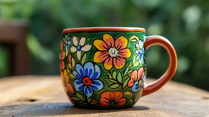 A beautifully crafted Mexican clay coffee cup with a glazed finish, featuring vibrant floral patterns, perfect for enjoying a rich and aromatic coffee