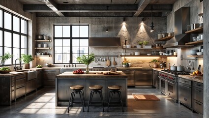 An industrial kitchen with raw materials and sleek finishes