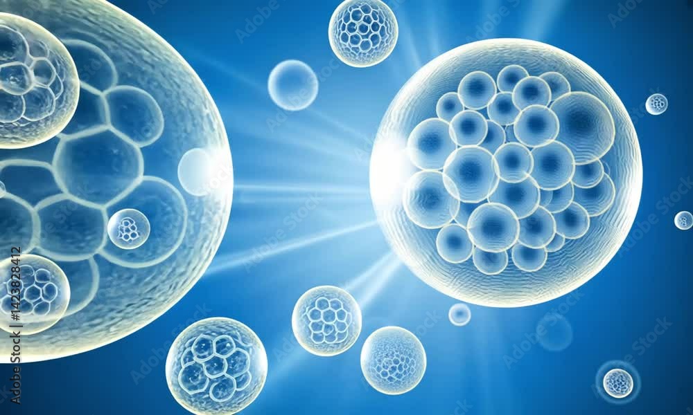 Poster countless glowing spheres emerging from luminous blue background in dynamic motion made with generat