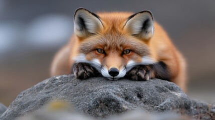 An alert red fox rests its chin on its paws on a grey rock, staring directly at the camera.