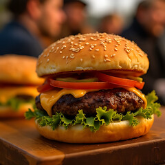 Sizzling burger preparation outdoor grill food photography vibrant atmosphere close-up culinary art