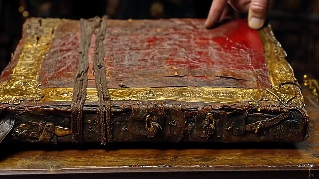 Antique leather-bound book with worn pages and ornate gold detailing on a rustic wooden surface