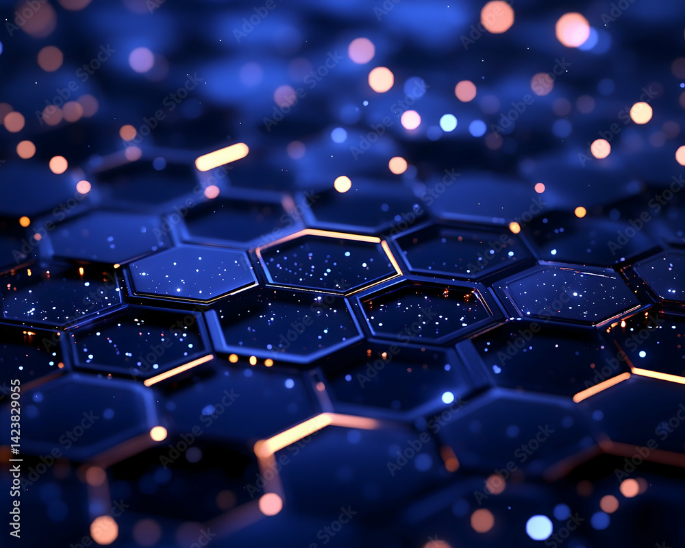 Aufkleber abstract hexagonal network glowing in dark blue with orange highlights and bokeh