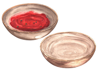 Two bowls for sauces. Empty bowl. Bowl with tomato red sauce. For table setting. Watercolor isolated illustration hand drawn. For printing on menus, delivery, restaurants, social networks