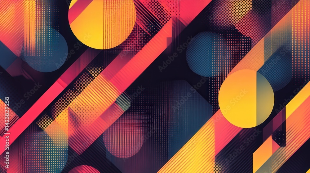 Poster a bold and vivid halftone pixel geometric tile pattern with a futuristic vibe, featuring layered sha