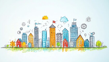 Fototapeta premium Sketch of a business town with houses