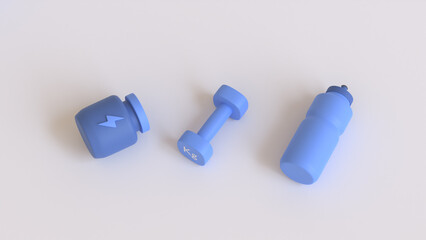 3D Render Illustration Top View Gym Tools. 3D Dumbbell, Bottle & Jar