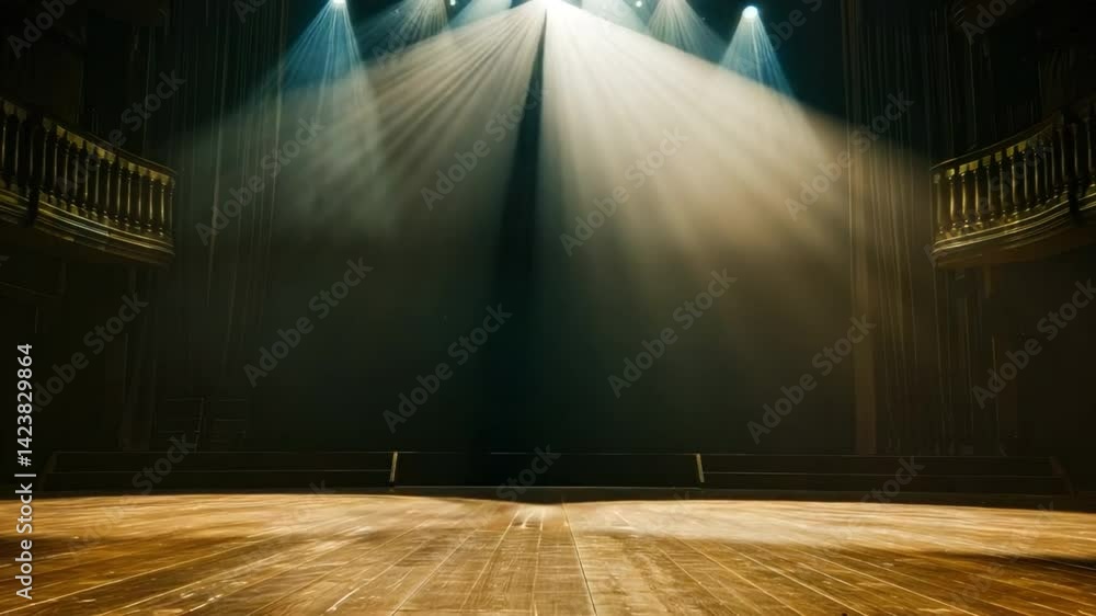Poster dramatic stage lighting with rays of light illuminating empty theater stage in a grand setting