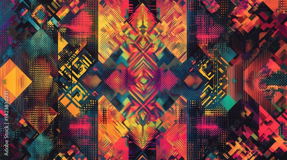 Poster a bold halftone pixel geometric tile pattern combining vibrant colors and intricate designs to creat